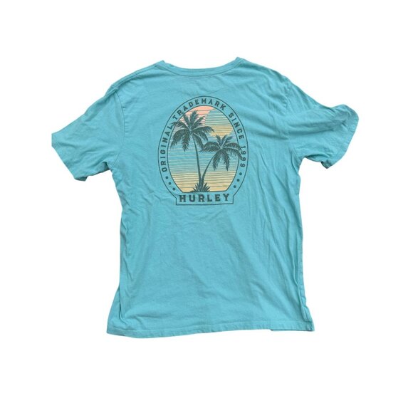 Hurley Mens Everyday Washed T-Shirt L 100% Cotton Turquoise Graphic Tee Palm Tre - Picture 2 of 6